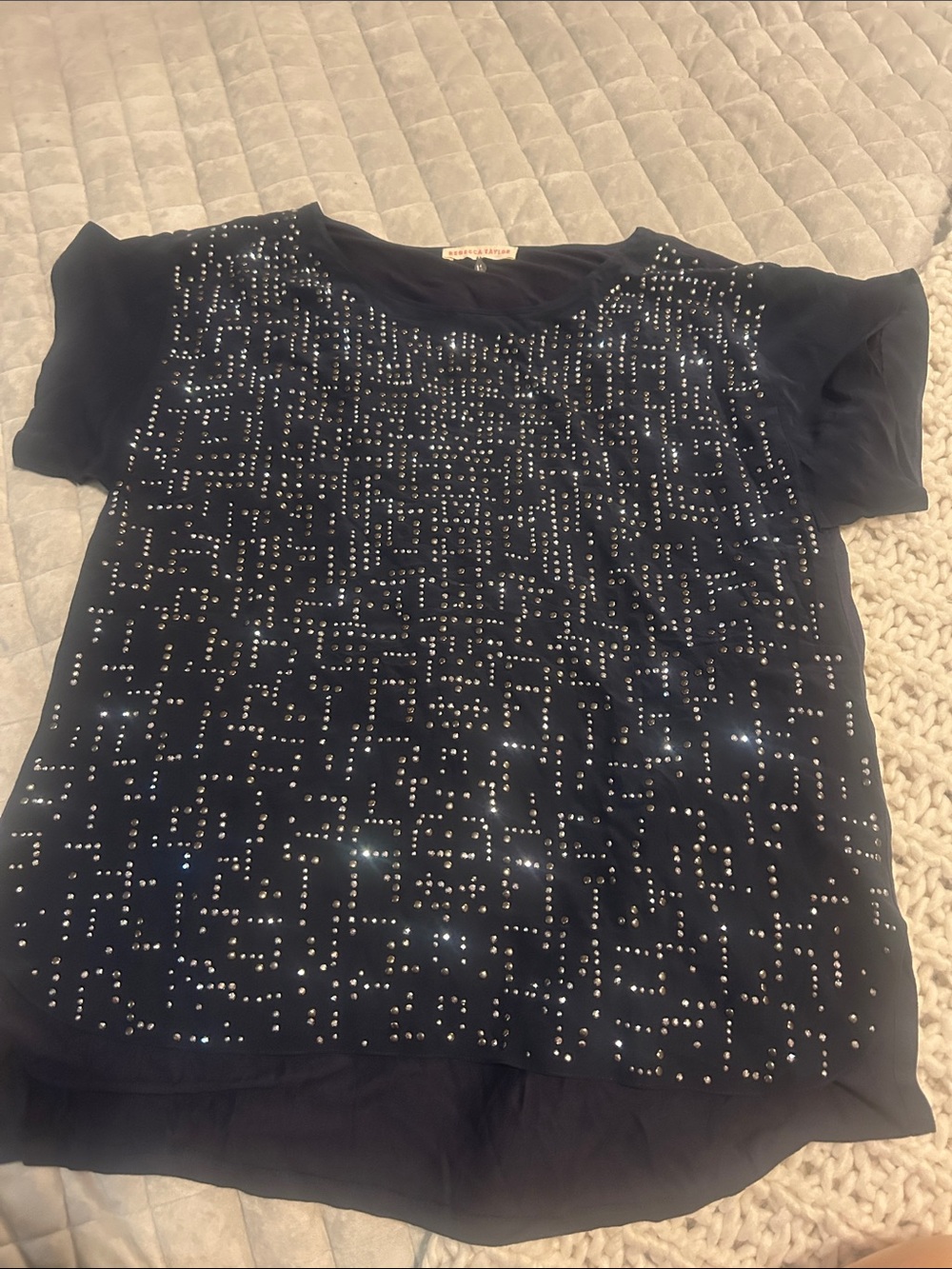 Rebecca Taylor Black Short Sleeve Sequin Grid Tee
